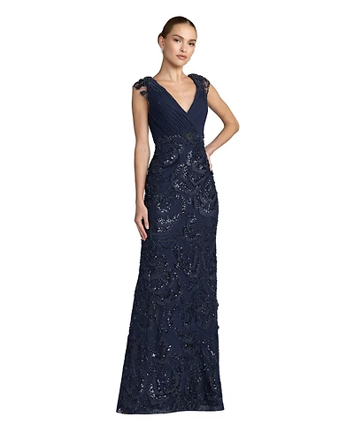 Mac Duggal Petite Floral Beaded Chiffon V-Neck Evening Gown