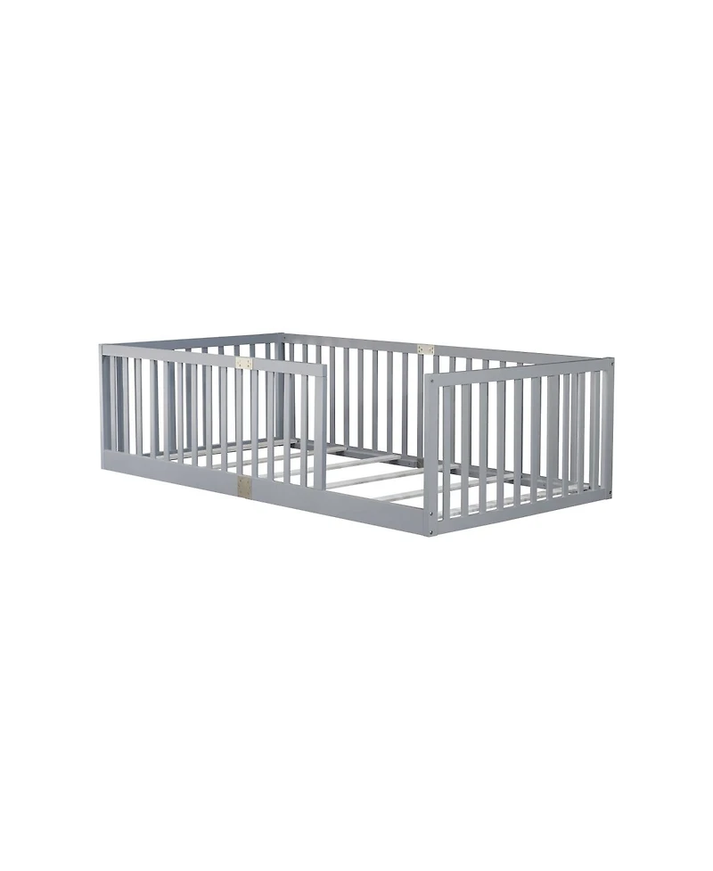 Streamdale Furniture Twin Size Floor Bed with High Fence Railings Rubber Wood