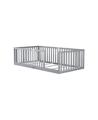 Streamdale Furniture Twin Size Floor Bed with High Fence Railings Rubber Wood