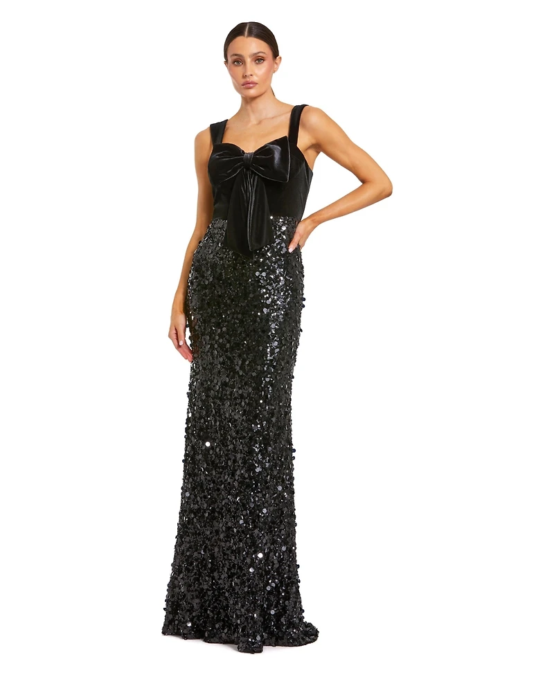 Mac Duggal Women's Sequin Column Gown with Velvet Bow Detail