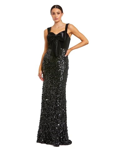 Mac Duggal Women's Sequin Column Gown with Velvet Bow Detail