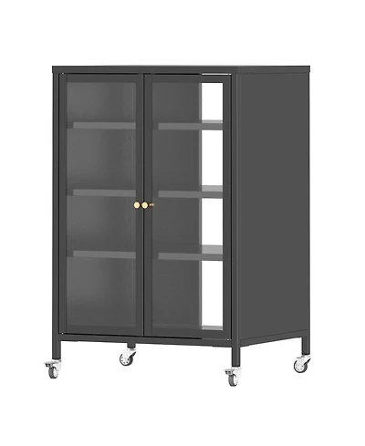 Boyel Living Tv Stand with Adjustable Shelves Tempered Glass Doors Steel Frame Wheels