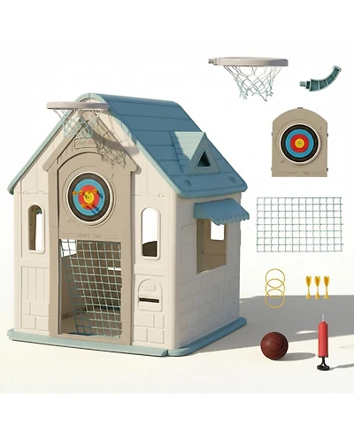homfan Kids Outdoor and Indoor Playhouse Cottage, Toddler Playground with Basketball Hoop for Ages plus