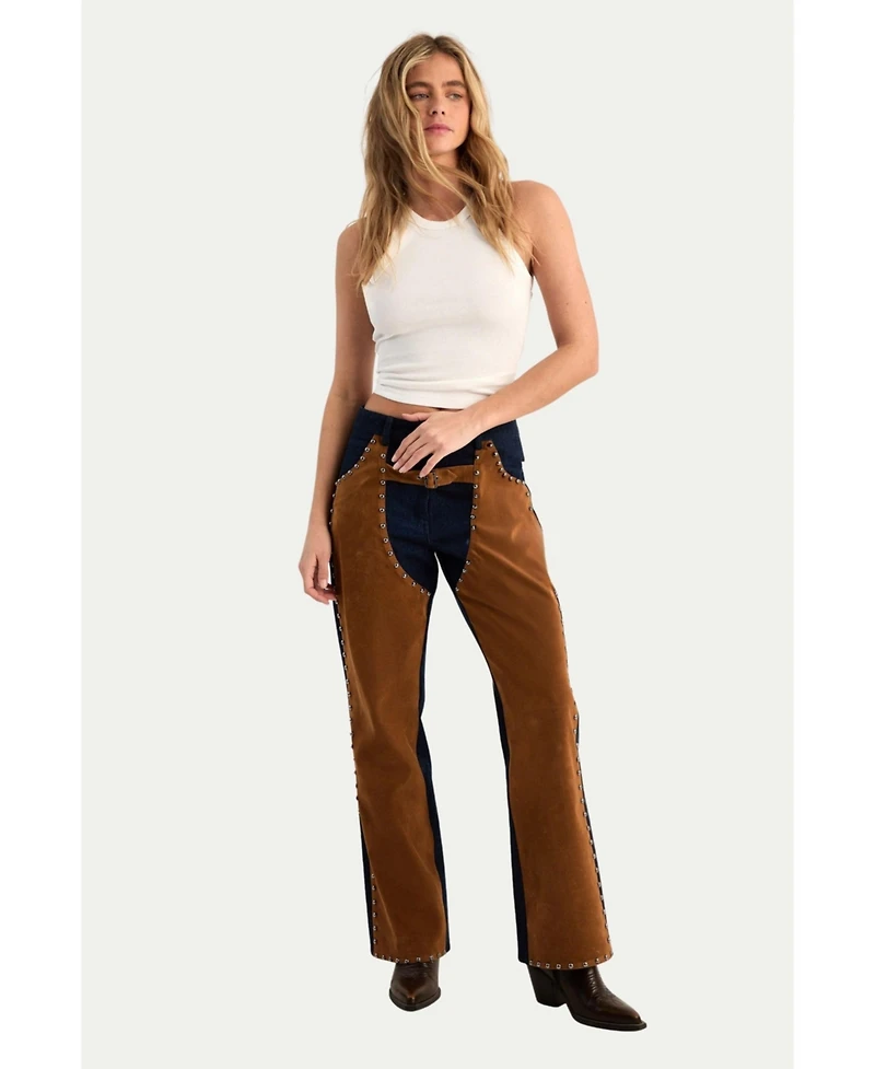 Nasty Gal Women's Denim Studded Suedette Mix Chap Jean
