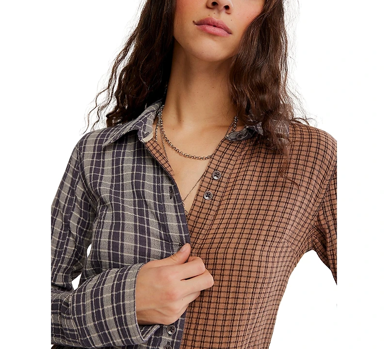 Free People Women's Distressed Paint-Splatter Button-Front Shirt