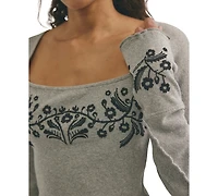 Free People Women's Olivia Ribbed Embroidered Long-Sleeve Top