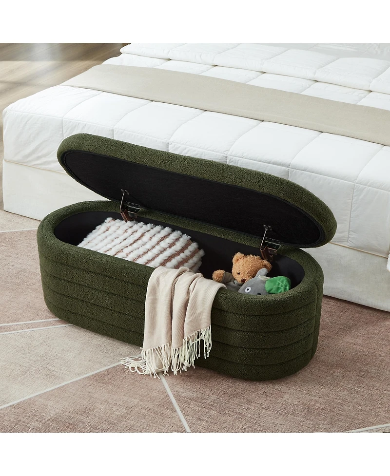 sumyeg Modern Oval Storage Ottoman Bench with Upholstered Boucle Fabric and Safety Hinge