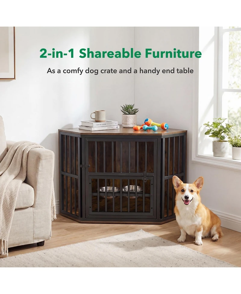 Ruie Wooden Corner Dog Kennel End Table with 3 Position Bowl Rack