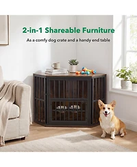 Ruie Wooden Corner Dog Kennel End Table with 3 Position Bowl Rack