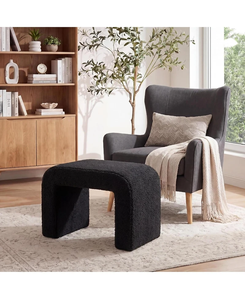 Tribesigns Vanity Stool: Sherpa upholstered ottoman, foot rest for couch, shoe bench, extra seating. No assembly. Black