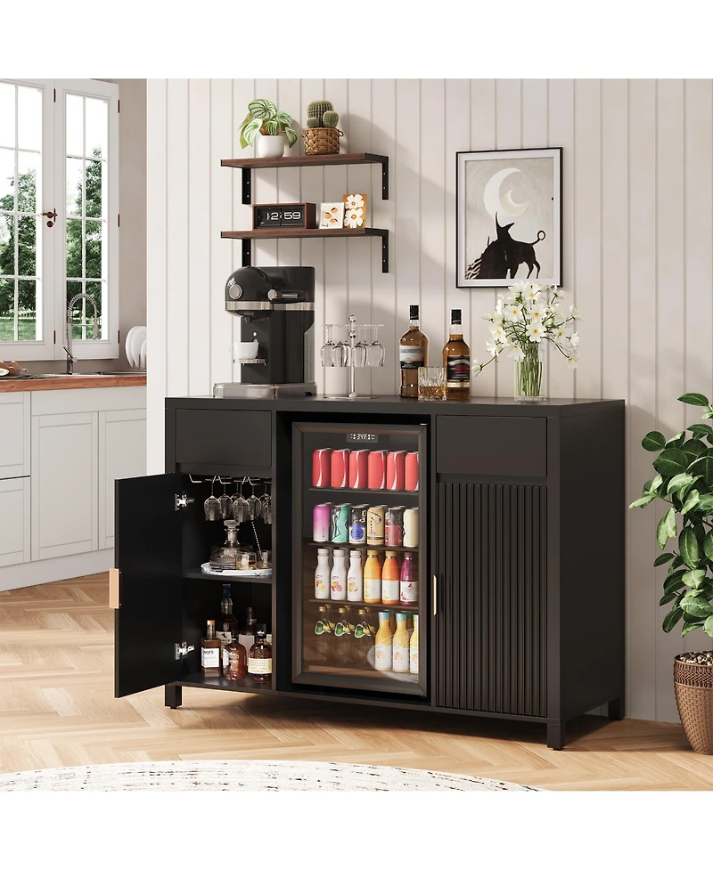 homfan 53" Bar Cabinet with Fridge Space Wine Rack and Storage Drawers, Fluted Sideboard with Charging Station for Kitchen and Dining