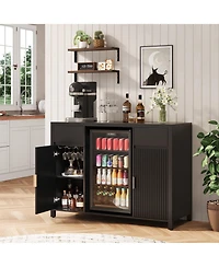homfan 53" Bar Cabinet with Fridge Space Wine Rack and Storage Drawers, Fluted Sideboard with Charging Station for Kitchen and Dining