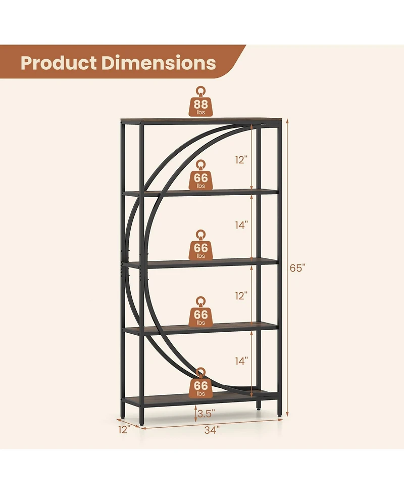 Costway 5-Tier Bookshelf, 65" Tall Industrial Etagere Bookcase with Half-Moon Shape