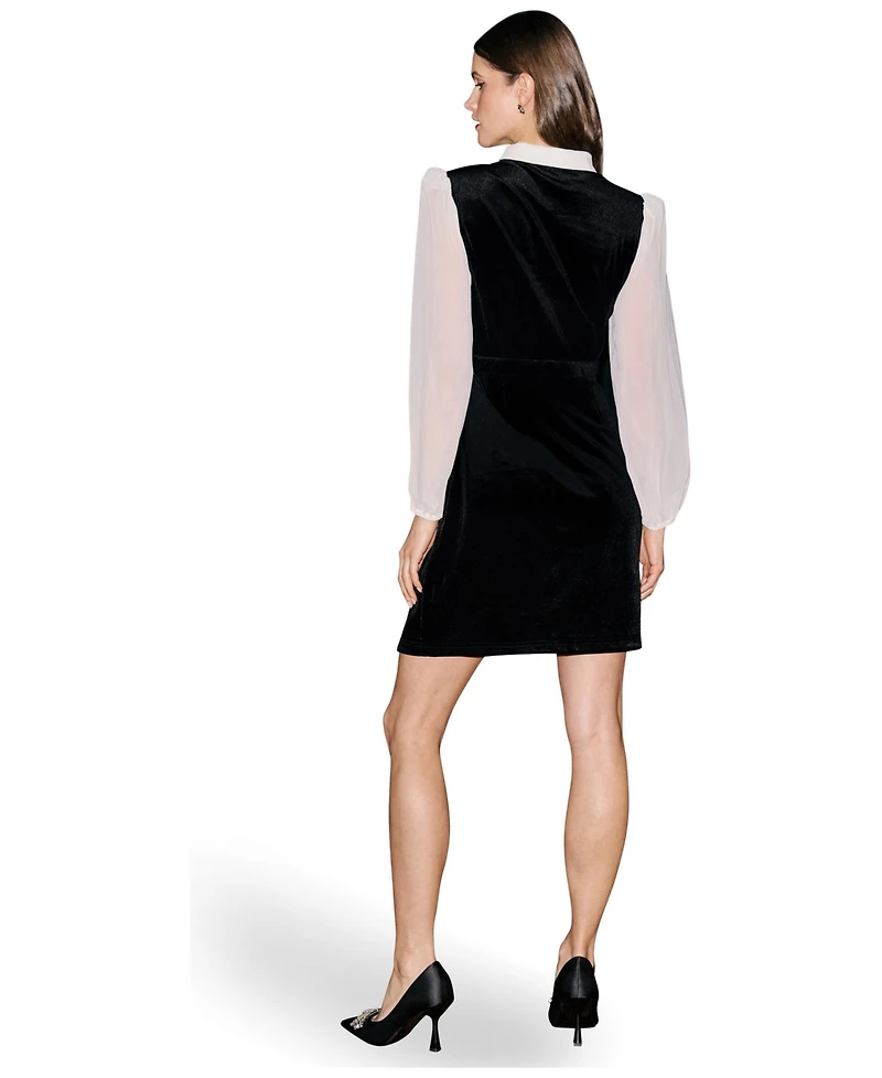 Yumi Women's Contrast Long Sleeve Velvet Mini Dress