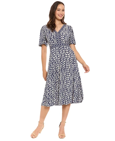 London Times Petite V-Neck Fit & Flare Midi Dress