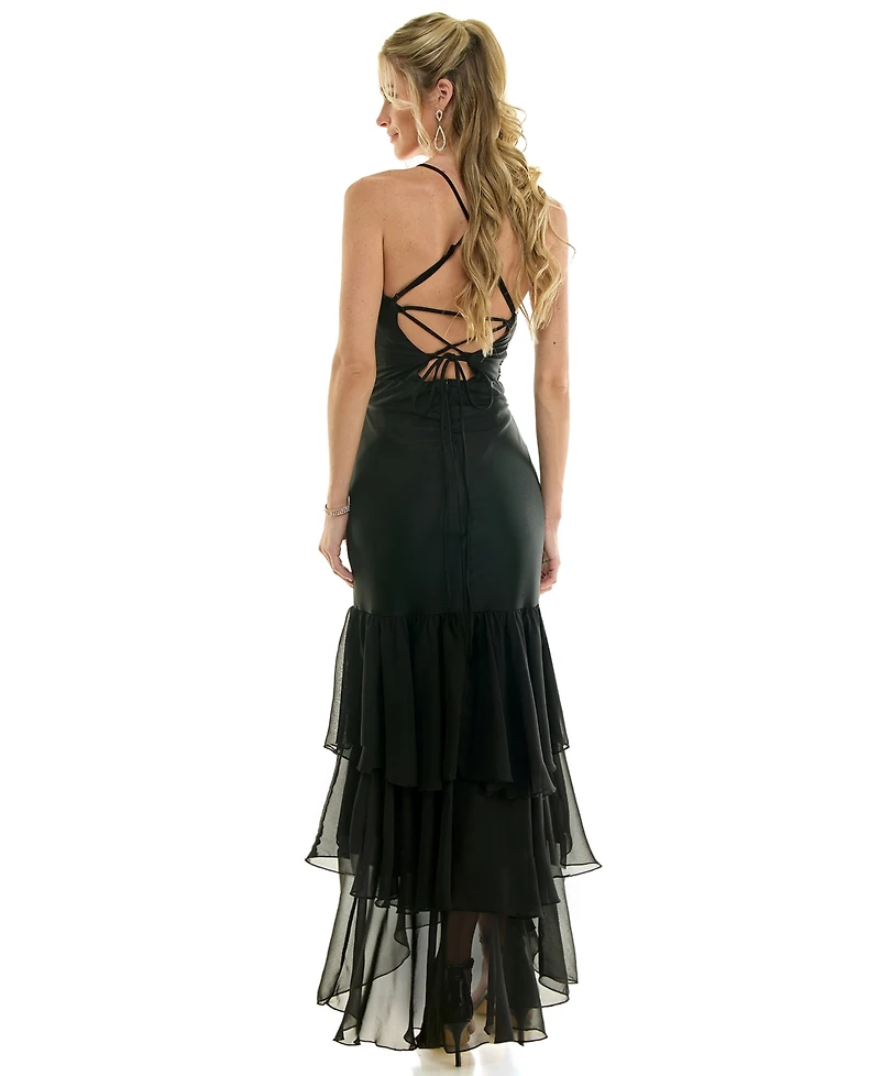 Emerald Sundae Juniors' V-Neck Lace-Up Back Bodycon Gown
