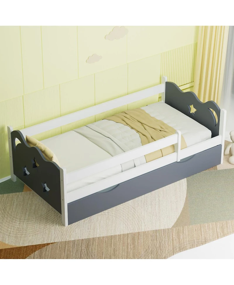 Streamdale Furniture Kids Star and Moon Wood Bed Frame with Slats Easy Assembly