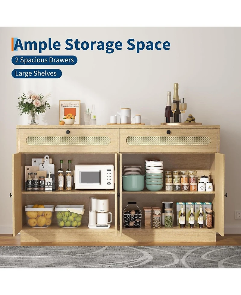 gaomon 60'' Rattan Sideboard Buffet Cabinet with 2 Drawers & 4 Rattan Doors and Adjustable Shelves & Storage