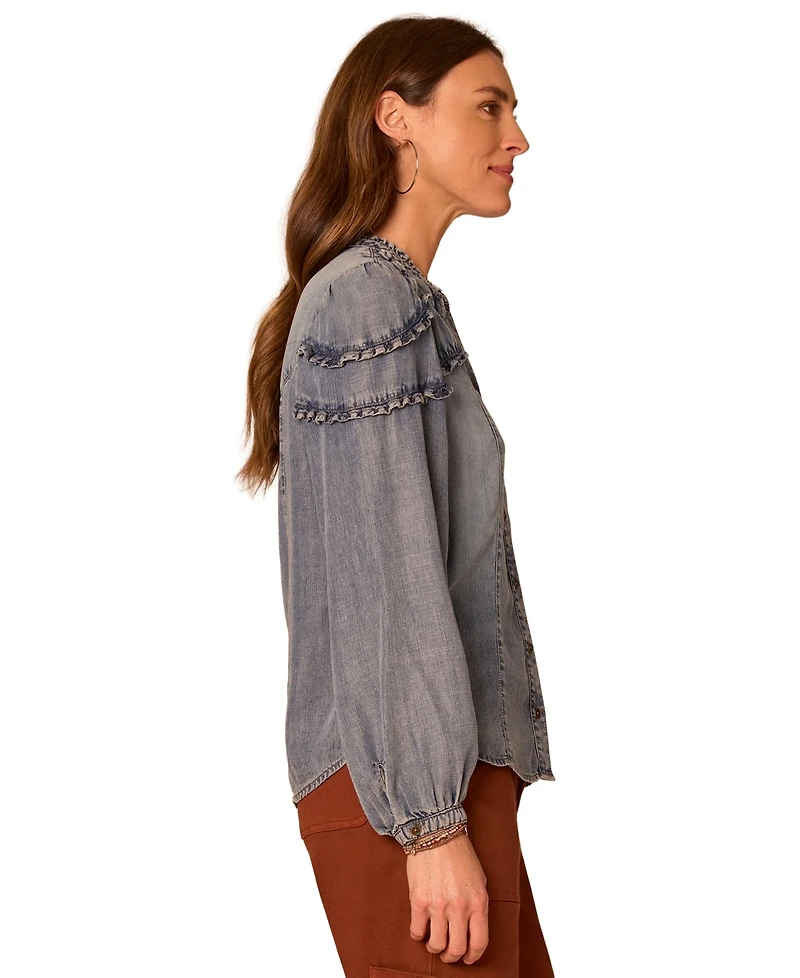 Democracy Petite Long-Sleeve Stand Collar Ruffle Top