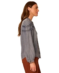 Democracy Petite Long-Sleeve Stand Collar Ruffle Top