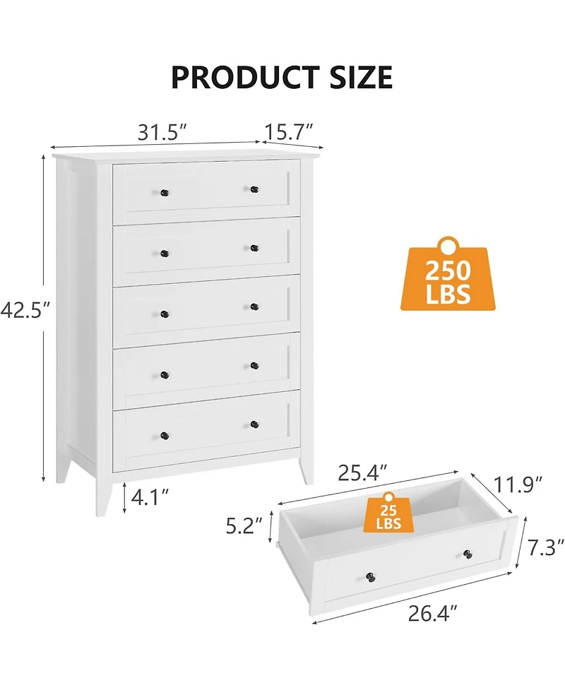gaomon 5 Drawer Dresser, Modern White Tall Chest of Drawers for Bedroom, Storage Cabinet Organizer for Living Room, Home Office, Entryway