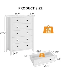 gaomon 5 Drawer Dresser, Modern White Tall Chest of Drawers for Bedroom, Storage Cabinet Organizer for Living Room, Home Office, Entryway