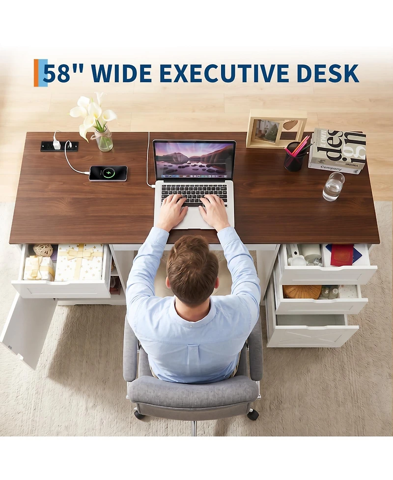 homfan 59" Farmhouse Desk - 4 Drawers, Charging Station and Keyboard Tray, Adjustable Shelves for Home Office and Studio