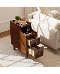 Gymax Solid Wood End Table w/ Pull-out Tray and 2 Storage Drawers Cable Management