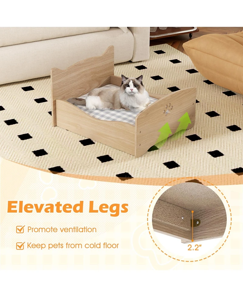 Gymax Elevated Pet Bed Frame Indoor Large Cat Bed With Rails Cute Headboards Animals Bed