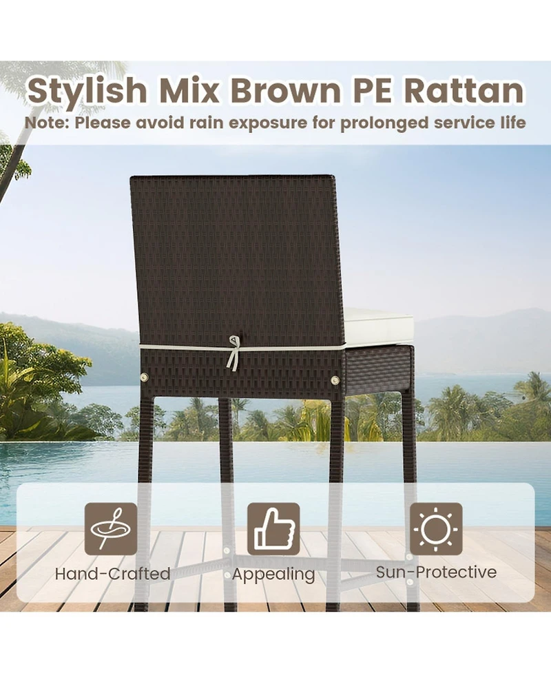 Sugift 3 Piece Outdoor Bar Set with Pe Wicker Stools, Tempered Glass Table and Cushions
