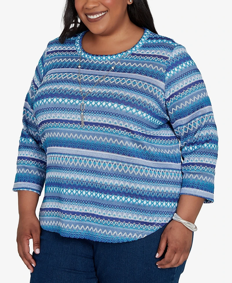 Alfred Dunner Plus Classic Textured Stripe Knit Top with Necklace