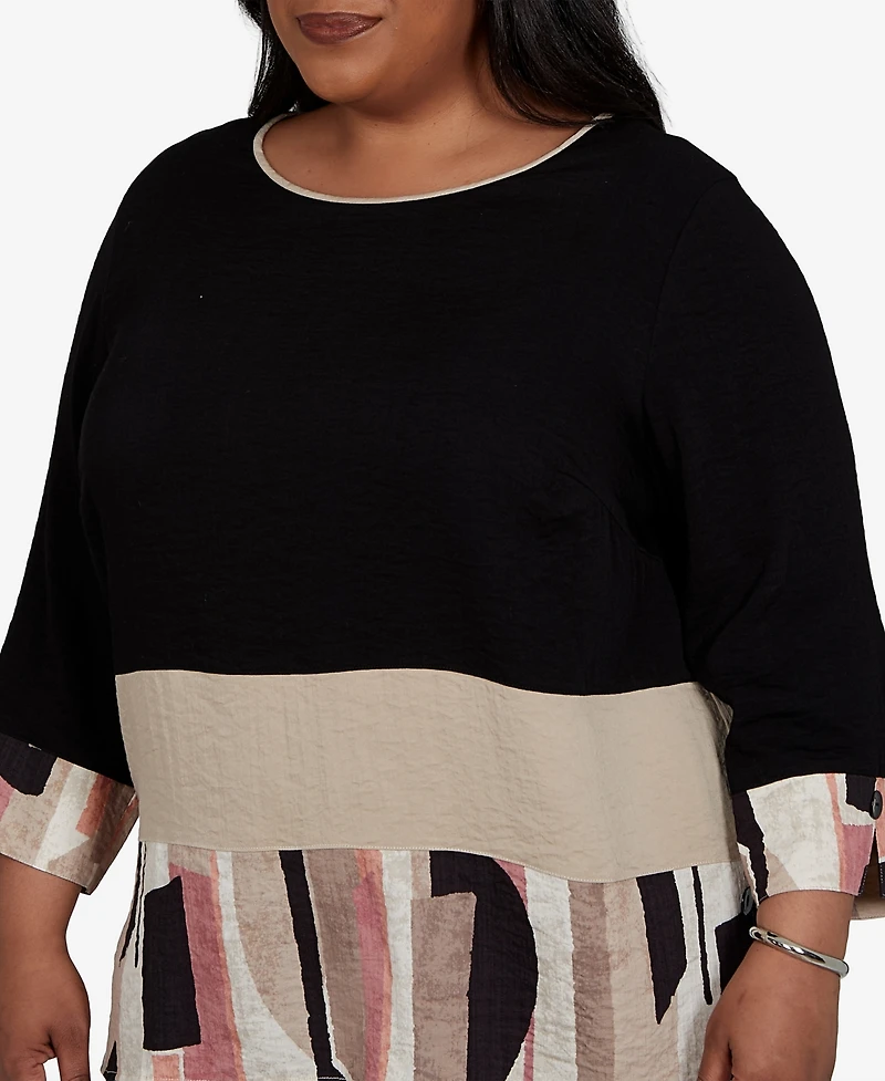 Alfred Dunner Plus Travel Advisory Spliced Patchwork Woven Top
