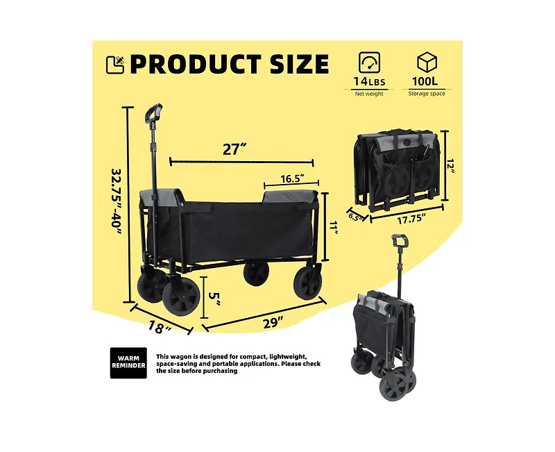 sumyeg 3-in-1 Foldable Utility Wagon, 220LBS Heavy Duty Collapsible Cart with Detachable All-Terrain Wheels