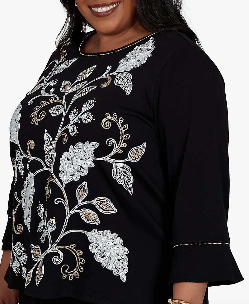 Alfred Dunner Plus Travel Advisory Scroll Leaf Embroidered Top