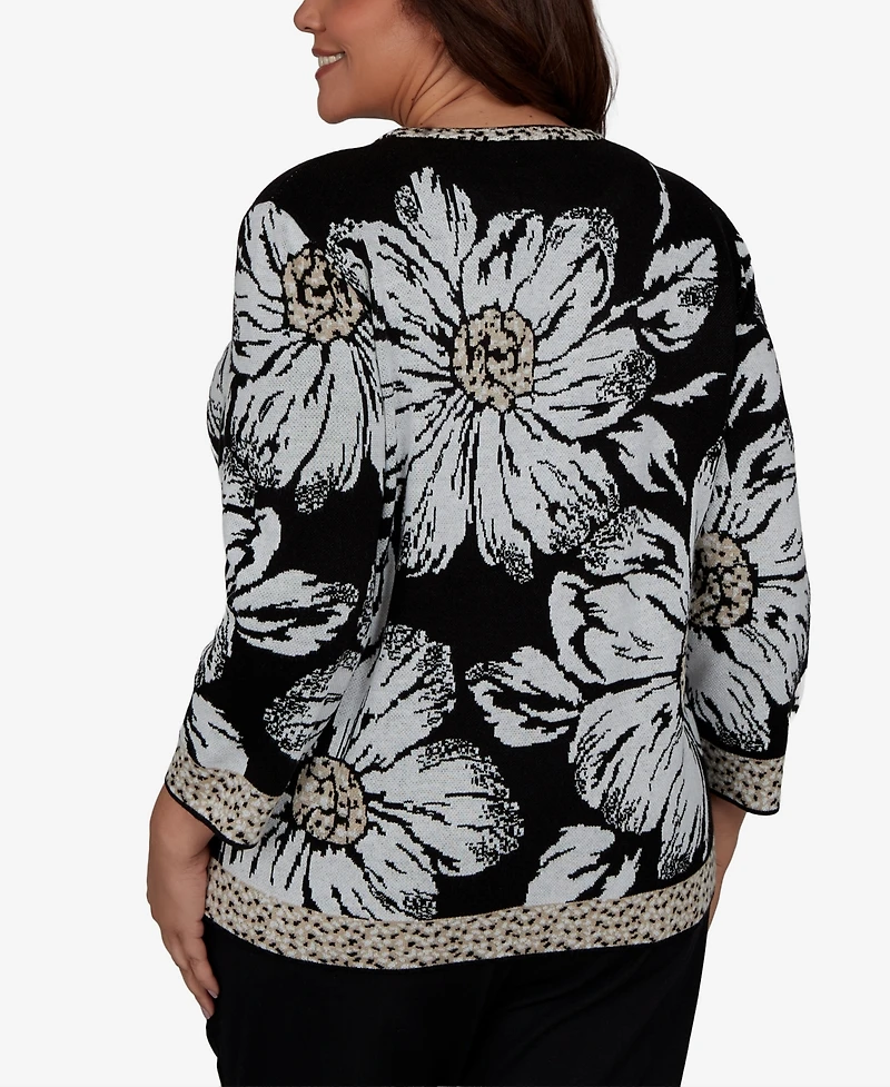 Alfred Dunner Plus Travel Advisory Dramatic Ink Floral Sweater