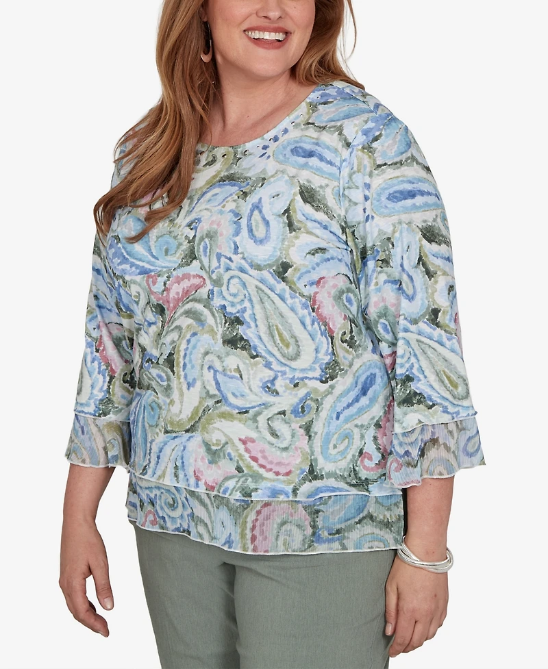 Alfred Dunner Plus Provence Paisley Woven Trim Knit Top