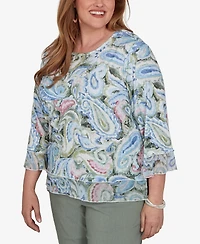 Alfred Dunner Plus Provence Paisley Woven Trim Knit Top