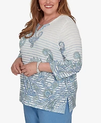 Alfred Dunner Plus Provence Paisley Stripe Split Neck Top