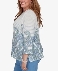 Alfred Dunner Plus Provence Paisley Stripe Split Neck Top