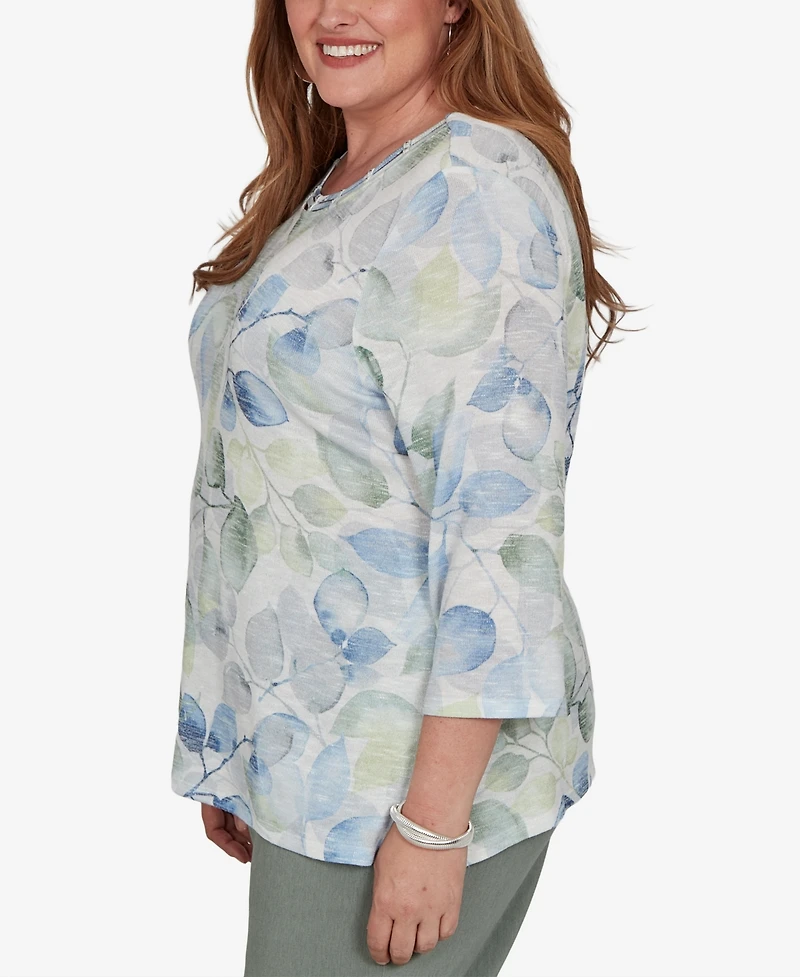 Alfred Dunner Plus Provence Watercolor Allover Leaf Print Top