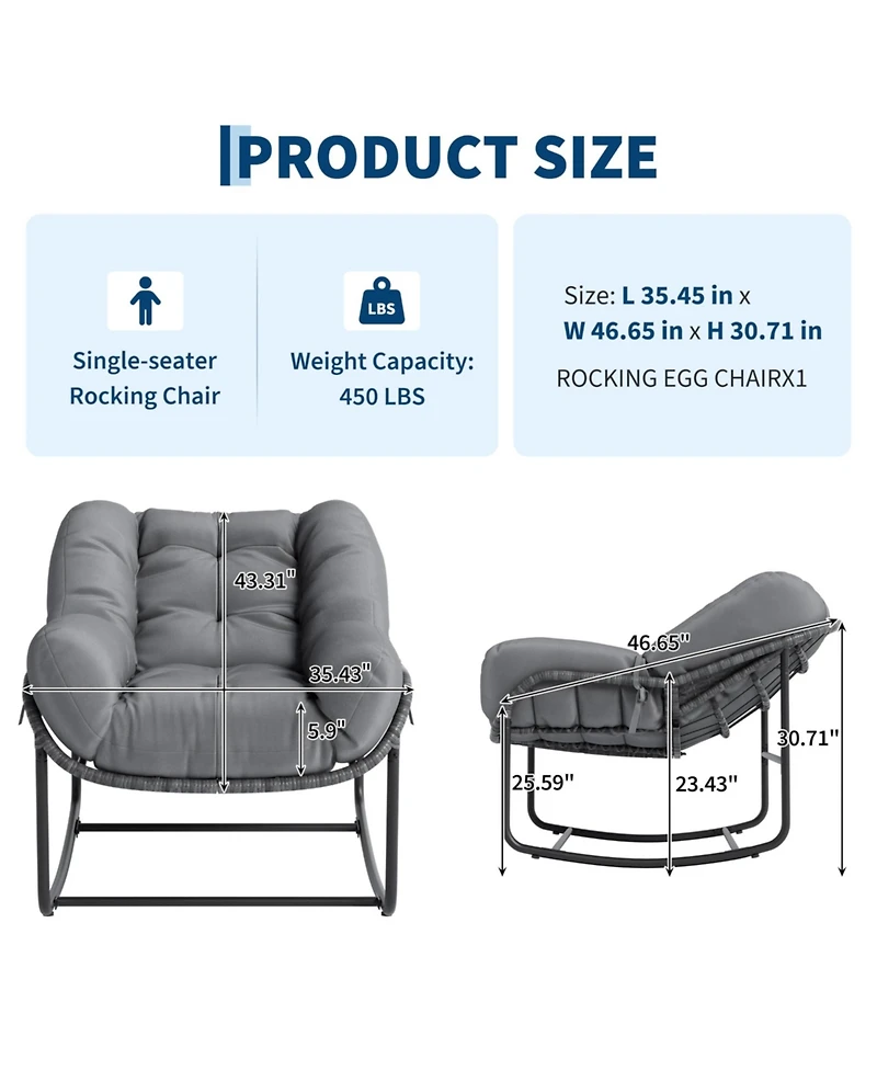 GarveeLife 2 Piece Outdoor Rocking Chair, Papasan Rocking Chair with Thick Cushion, Comfy Wicker Reading Lounge, Indoor Bed-Like for Bedroom, Balcony