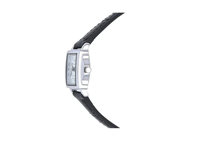 Peugeot Women's Vintage Rectangular Silver Case Small Face Watch with Leather Strap