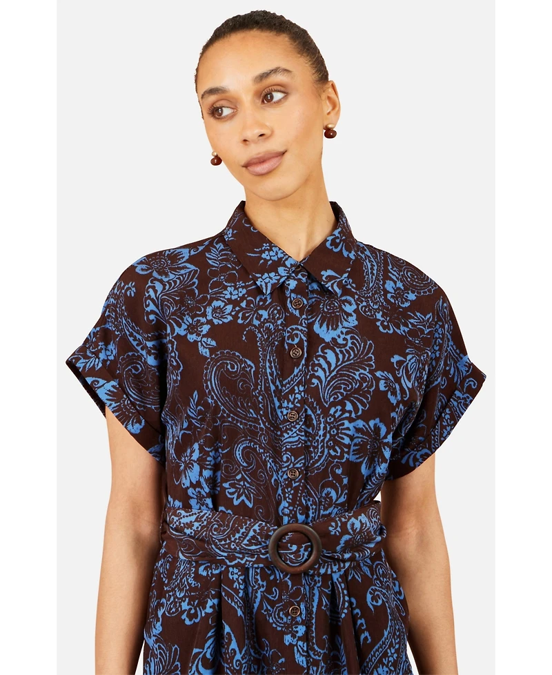 Yumi Women's Paisley Belted Short-Sleeve Shirt Dress