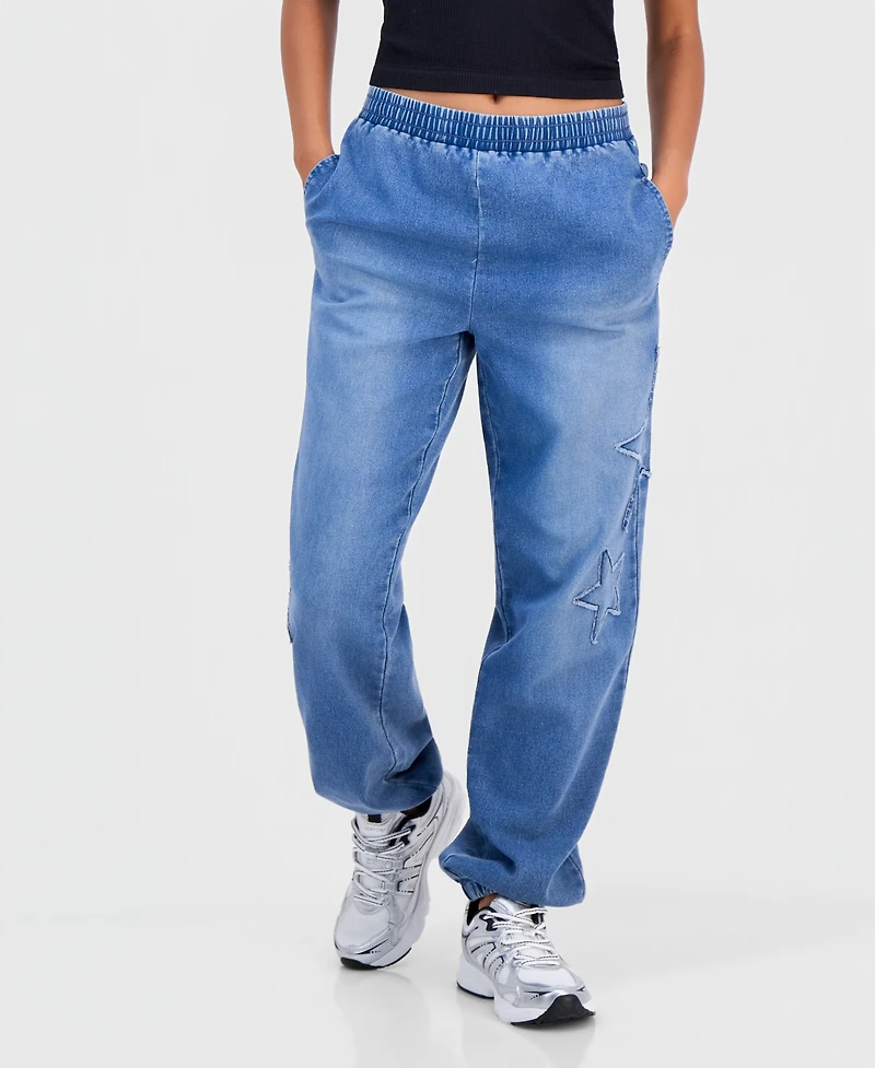 Vanilla Star Juniors' High-Rise Star-Applique Denim Jogger