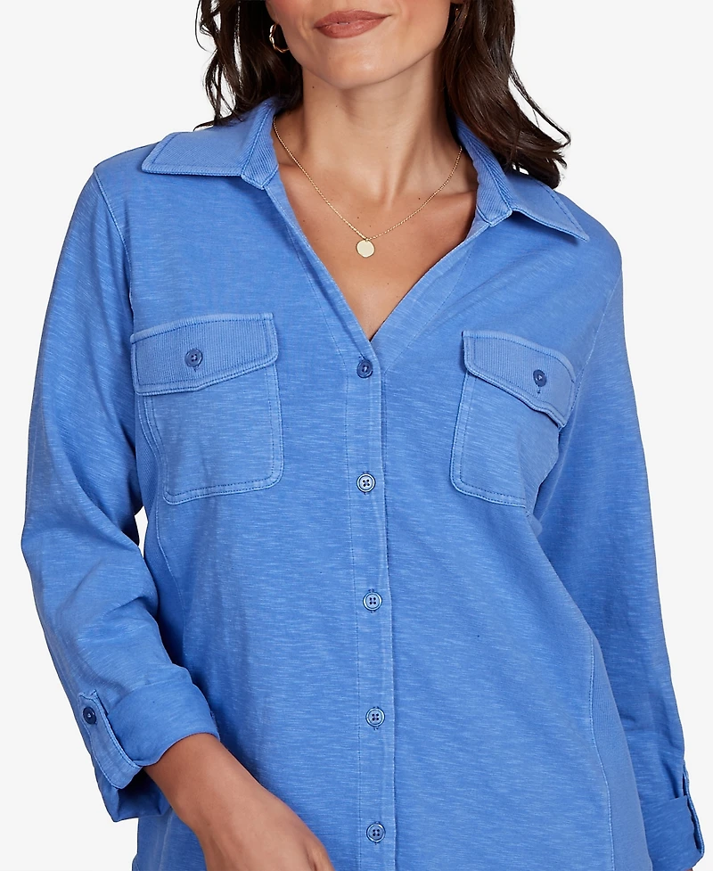 Ruby Rd. Petite Rib Trim Button-Front Knit Top