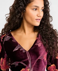 Seni & Cade Women's Burnout Velvet Floral-Print Bell Sleeve Mini Dress