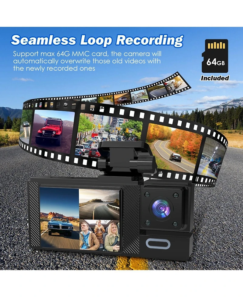 Neewer 1080P 3-Channel Dash Cam with WiFi App Control, Night Vision, Loop Recording, Front, Rear and Inside Cameras, 64G Card