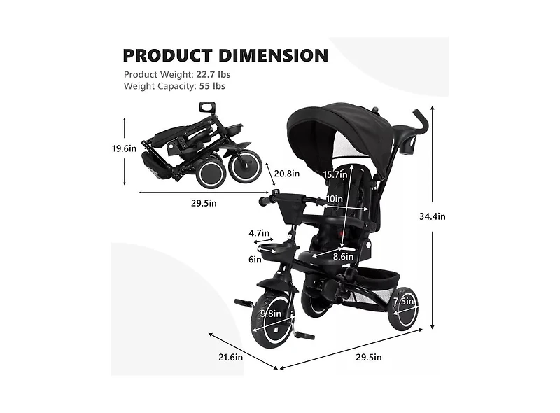Kinder King 8-in-1 Folding Kids Tricycle Stroller with Adjustable Push Handle, Convertible Toddler