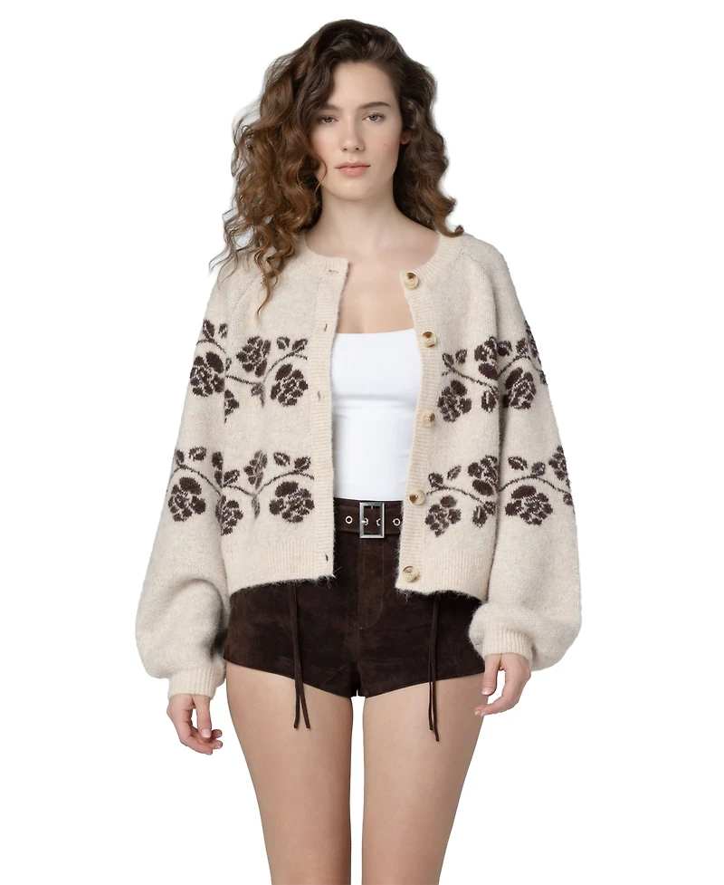 Blank Nyc Women's Floral Scoop Neck Cardigan Sweater
