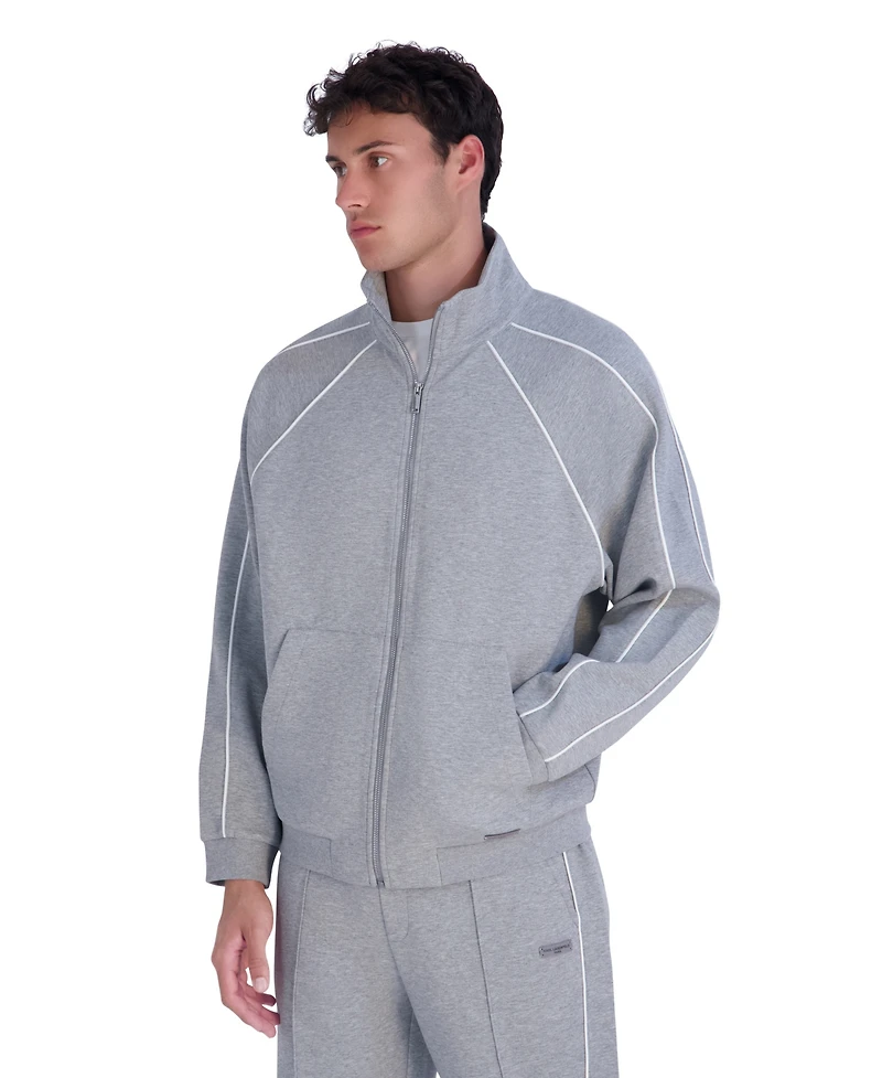 Karl Lagerfeld Paris Men's Metal Logo Patch and Piping Detail Ponte Track Jacket